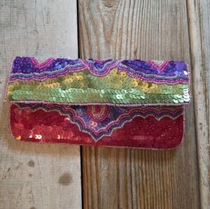 K C Malhan Multicolor Sequined Beaded Snap Front Wallet Clutch Pink Green Purple